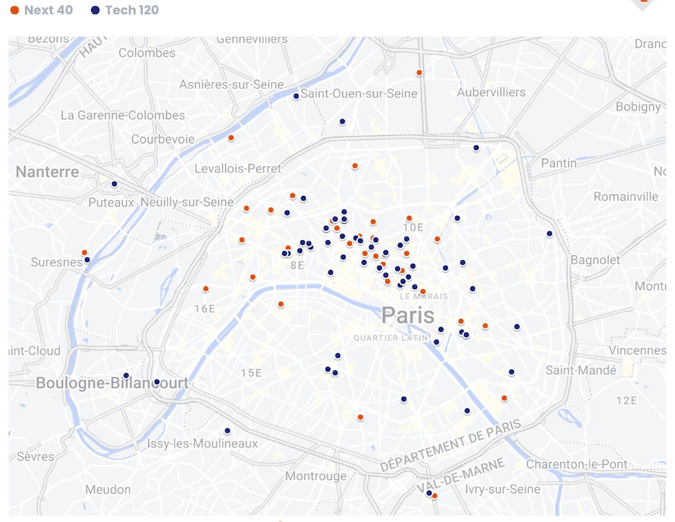 Carte des bureaux de la French Tech (Next 40 et Tech 120) à Paris